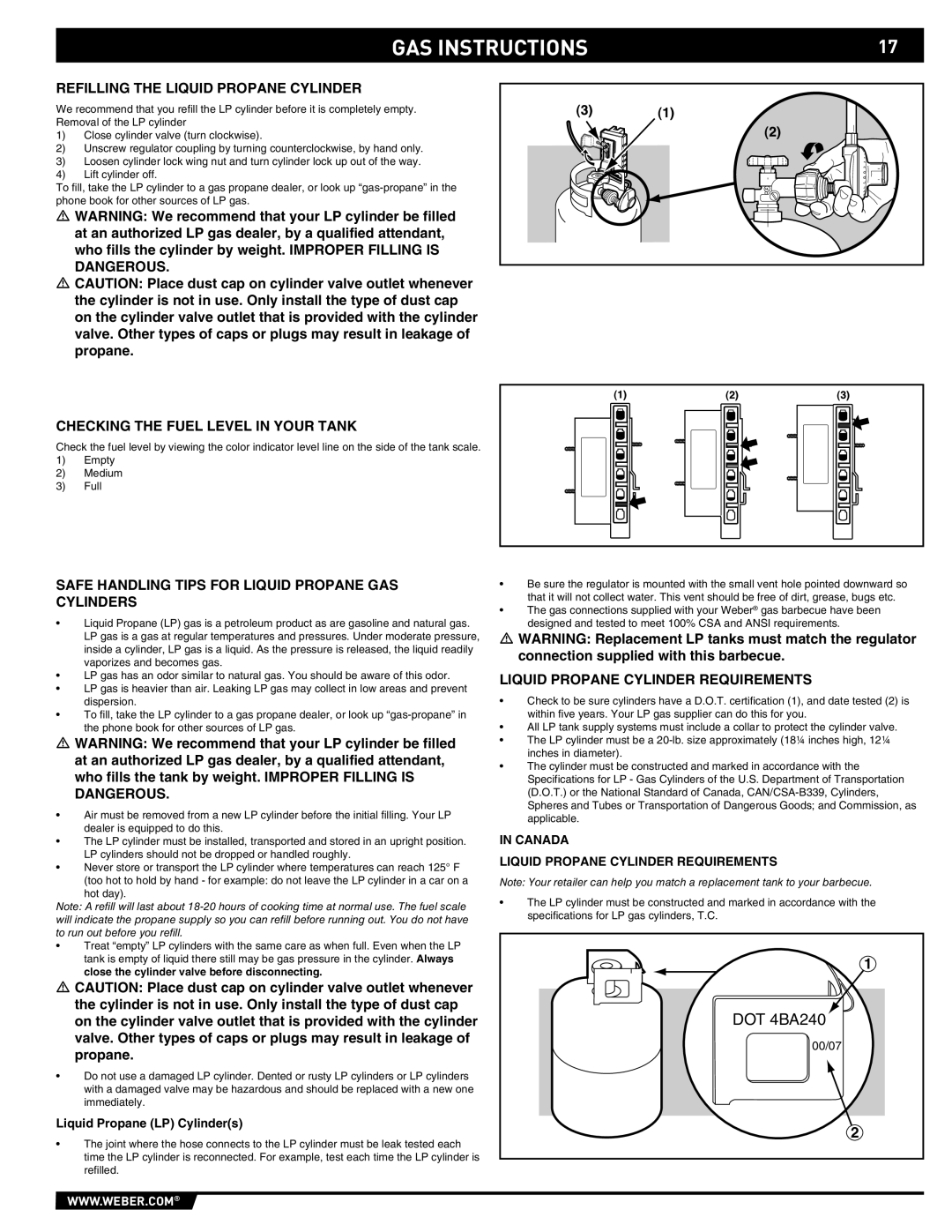 Weber 89373 manual Refilling the Liquid Propane Cylinder, Checking the Fuel Level in Your Tank 