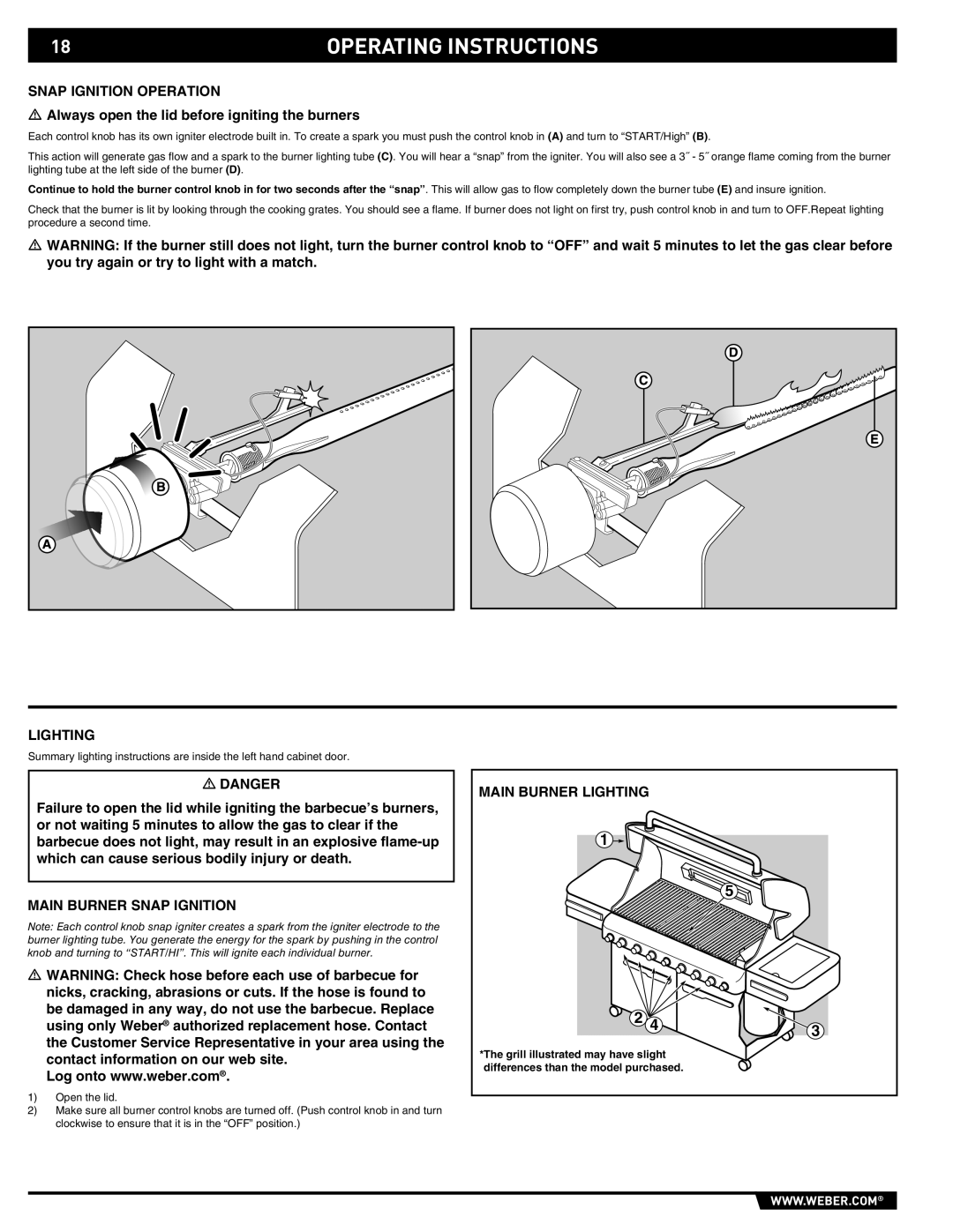 Weber 89373 manual Operating Instructions, Snap Ignition Operation, Main Burner Snap Ignition, Main Burner Lighting 