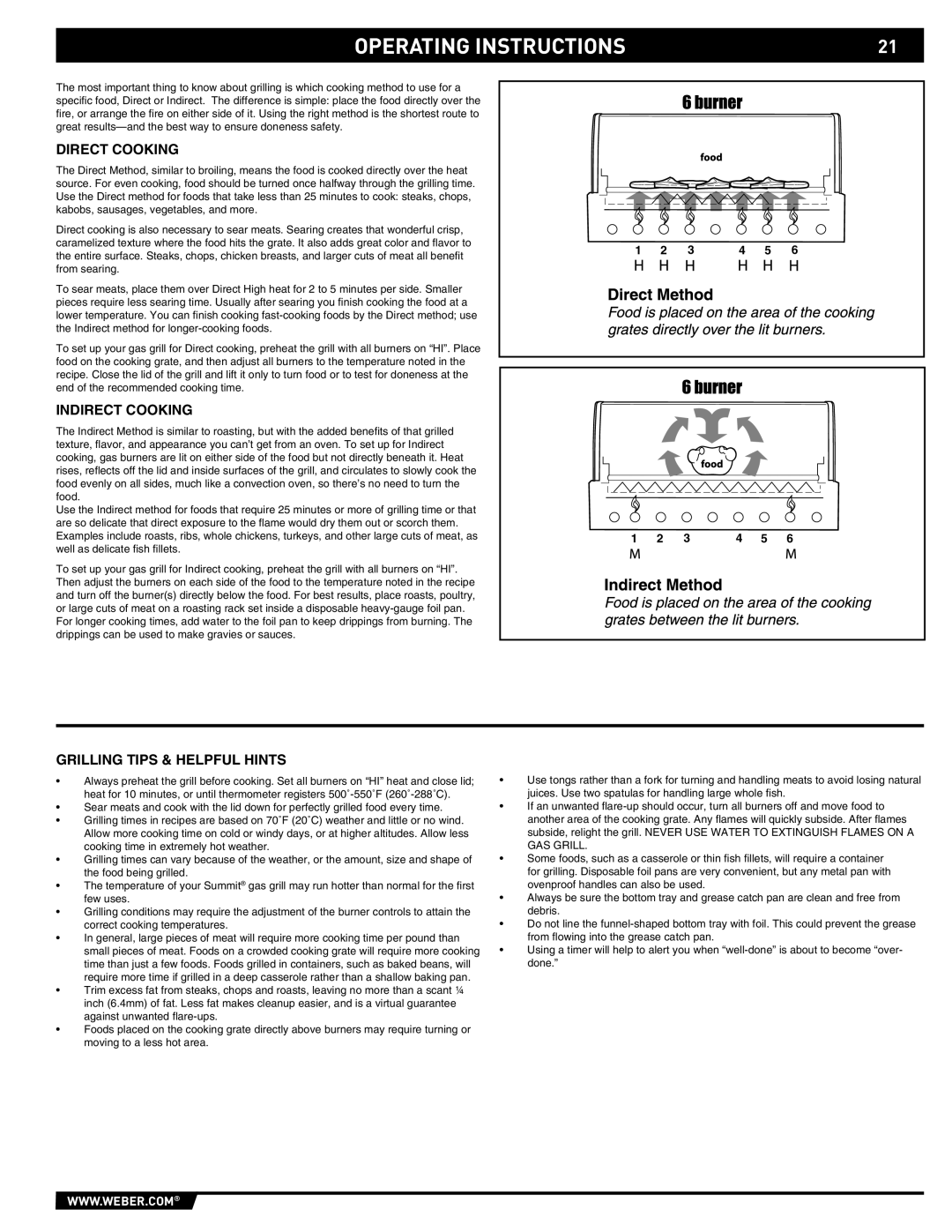 Weber 89373 manual Direct Cooking, Indirect Cooking, Grilling Tips & Helpful Hints 