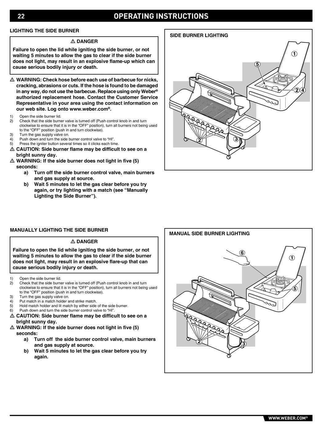 Weber 89373 manual Manually Lighting the Side Burner, Manual Side Burner Lighting 