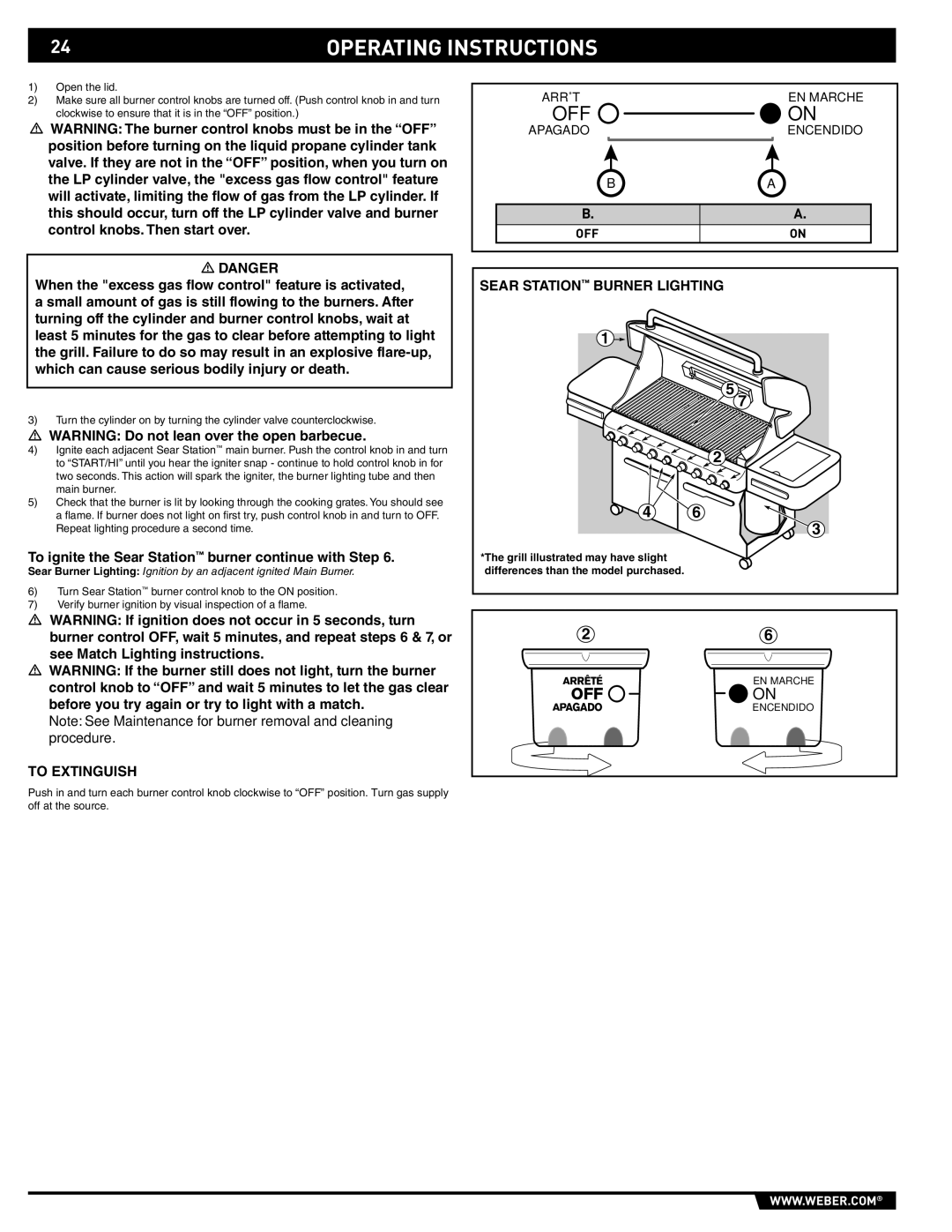 Weber 89373 manual To ignite the Sear Station burner continue with Step, Arrêté EN Marche, Apagado Encendido OFF 