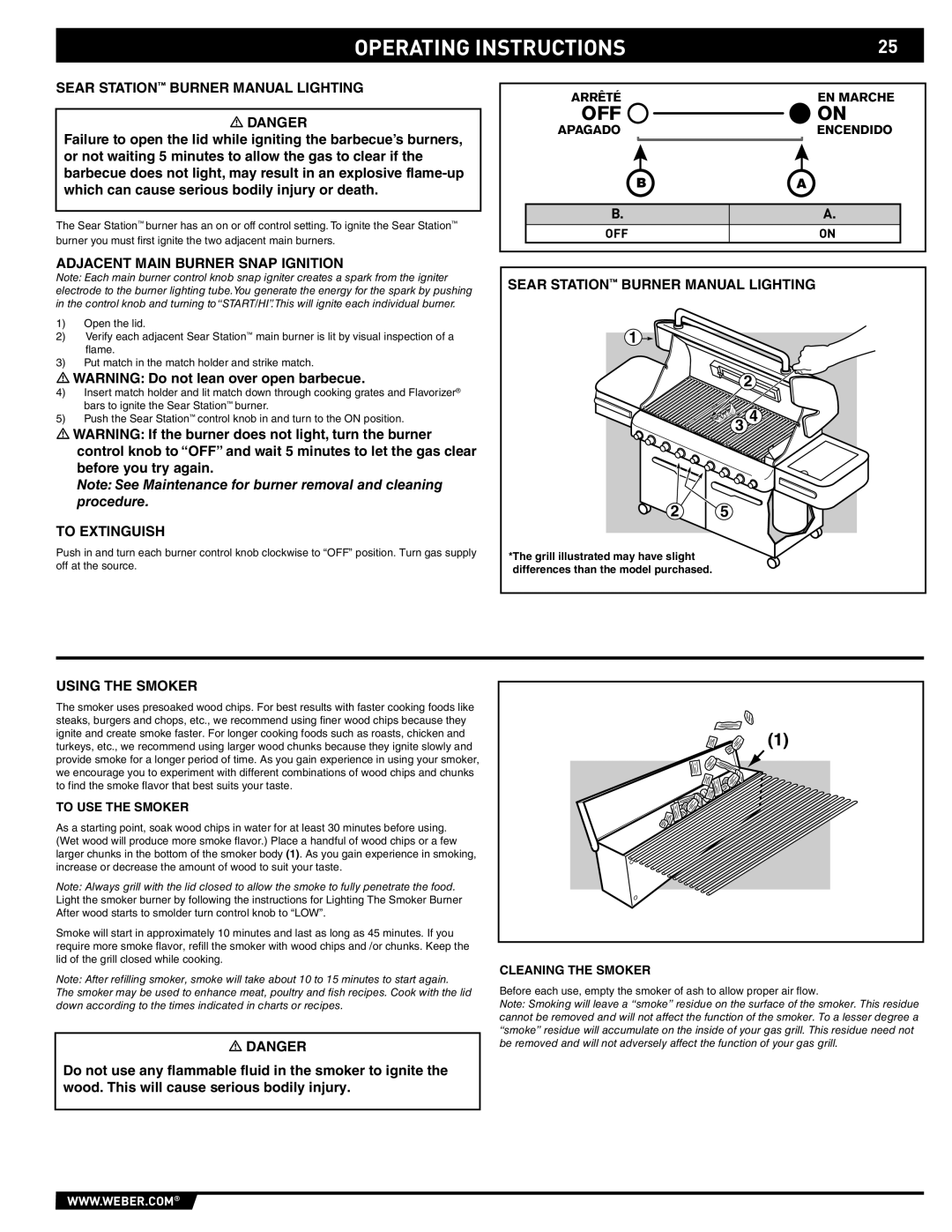 Weber 89373 Sear Station Burner Manual Lighting, Adjacent Main Burner Snap Ignition, Using the Smoker, To USE the Smoker 