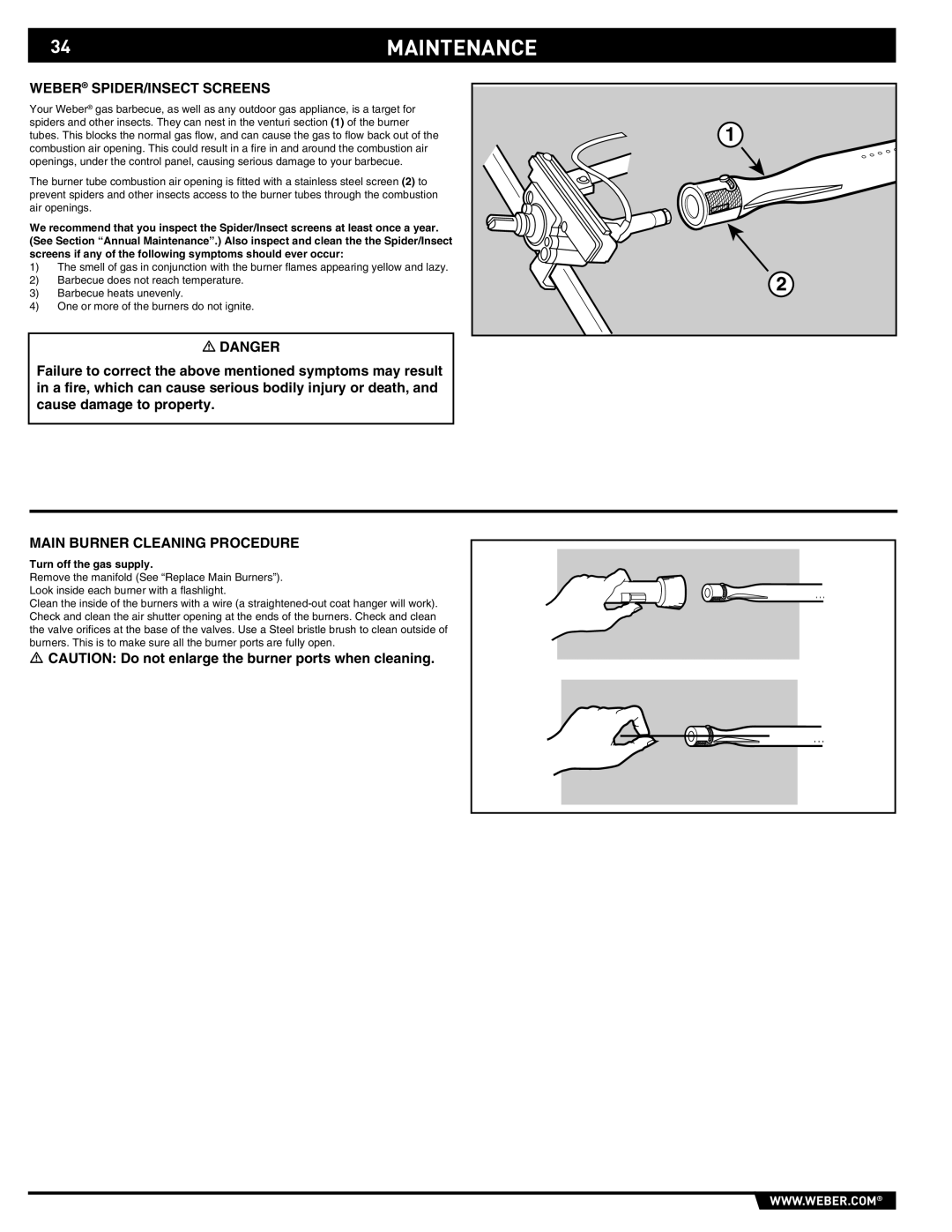 Weber 89373 manual 34MAINTENANCE, Weber SPIDER/INSECT Screens, Main Burner Cleaning Procedure, Turn off the gas supply 