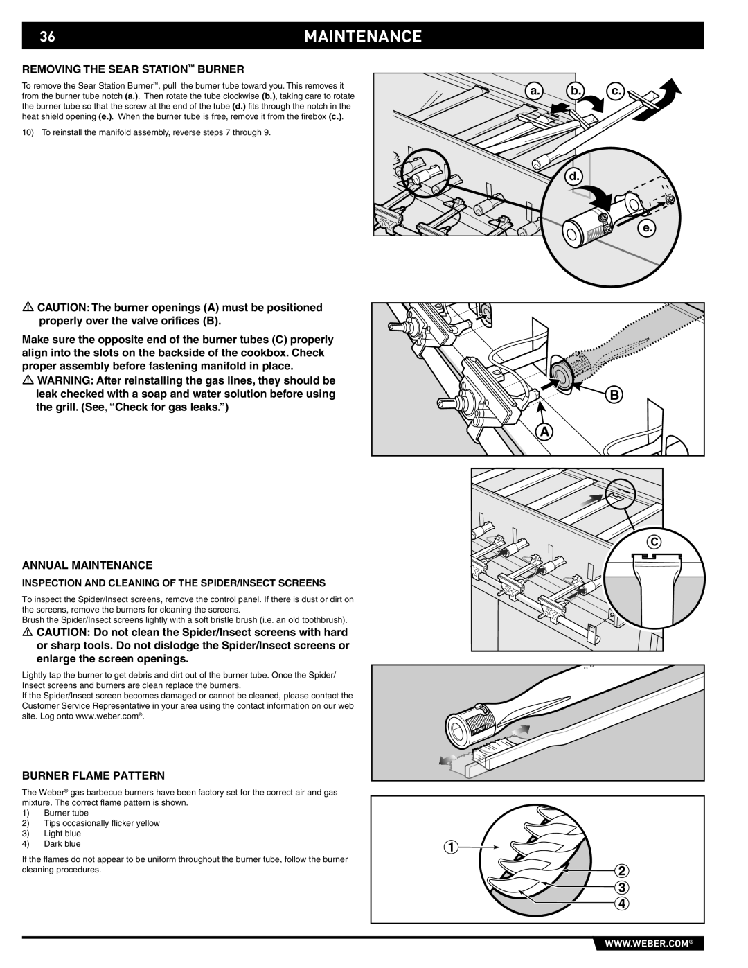 Weber 89373 manual 36MAINTENANCE, Removing the Sear Station Burner, Annual Maintenance, Burner Flame Pattern 