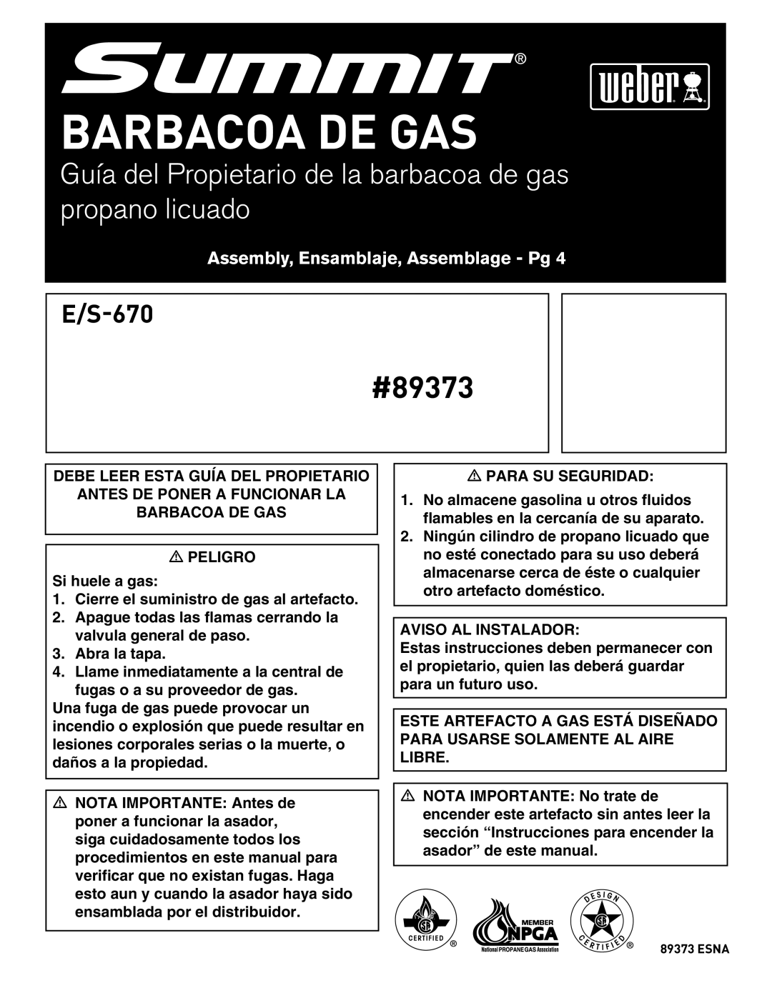 Weber 89373 manual Barbacoa DE GAS 