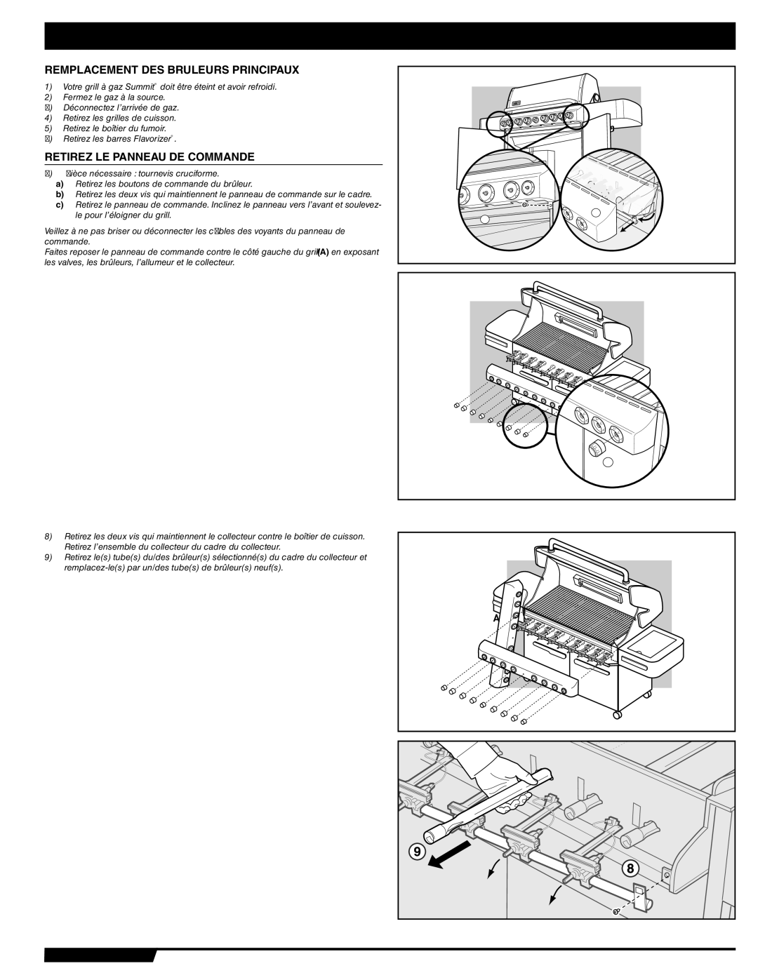 Weber 89373 manual Entretien, Remplacement DES Bruleurs Principaux, Retirez LE Panneau DE Commande 