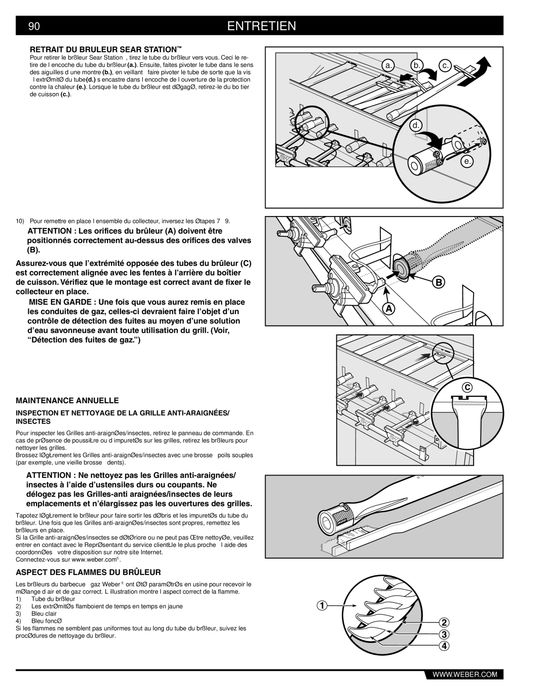 Weber 89373 manual 90ENTRETIEN, Retrait DU Bruleur Sear Station, Maintenance Annuelle, Aspect DES Flammes DU Brûleur 