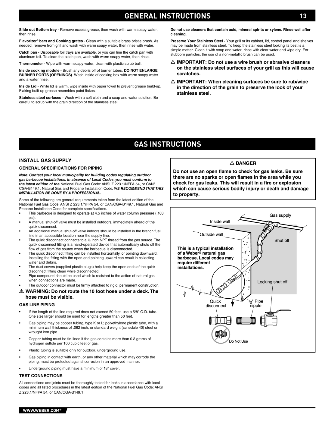 Weber E/S 670 GAS Instructions, Install GAS Supply, General Specifications for Piping, GAS Line Piping, Test Connections 