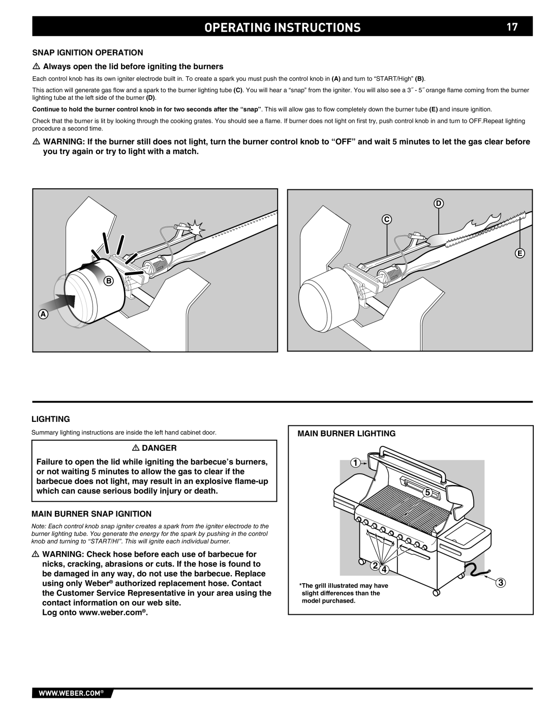 Weber E/S 670, 89374 Operating Instructions, Snap Ignition Operation, Main Burner Snap Ignition Main Burner Lighting 