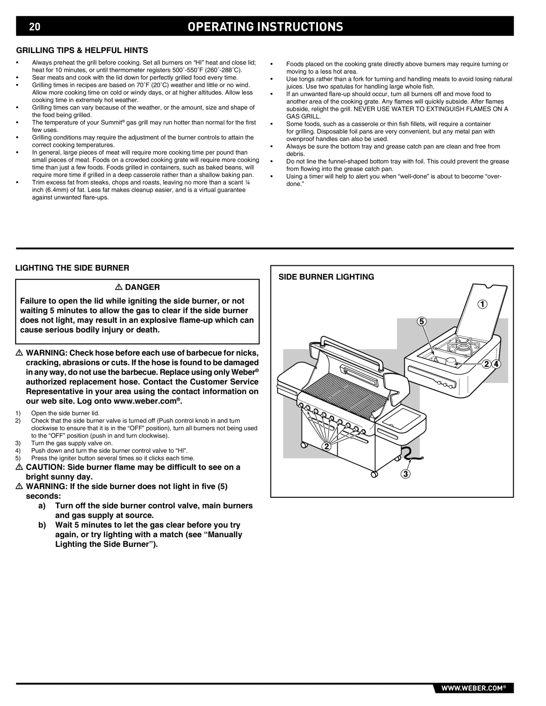 Weber 89374, E/S 670 manual Grilling Tips & Helpful Hints, Lighting the Side Burner, Side Burner Lighting 