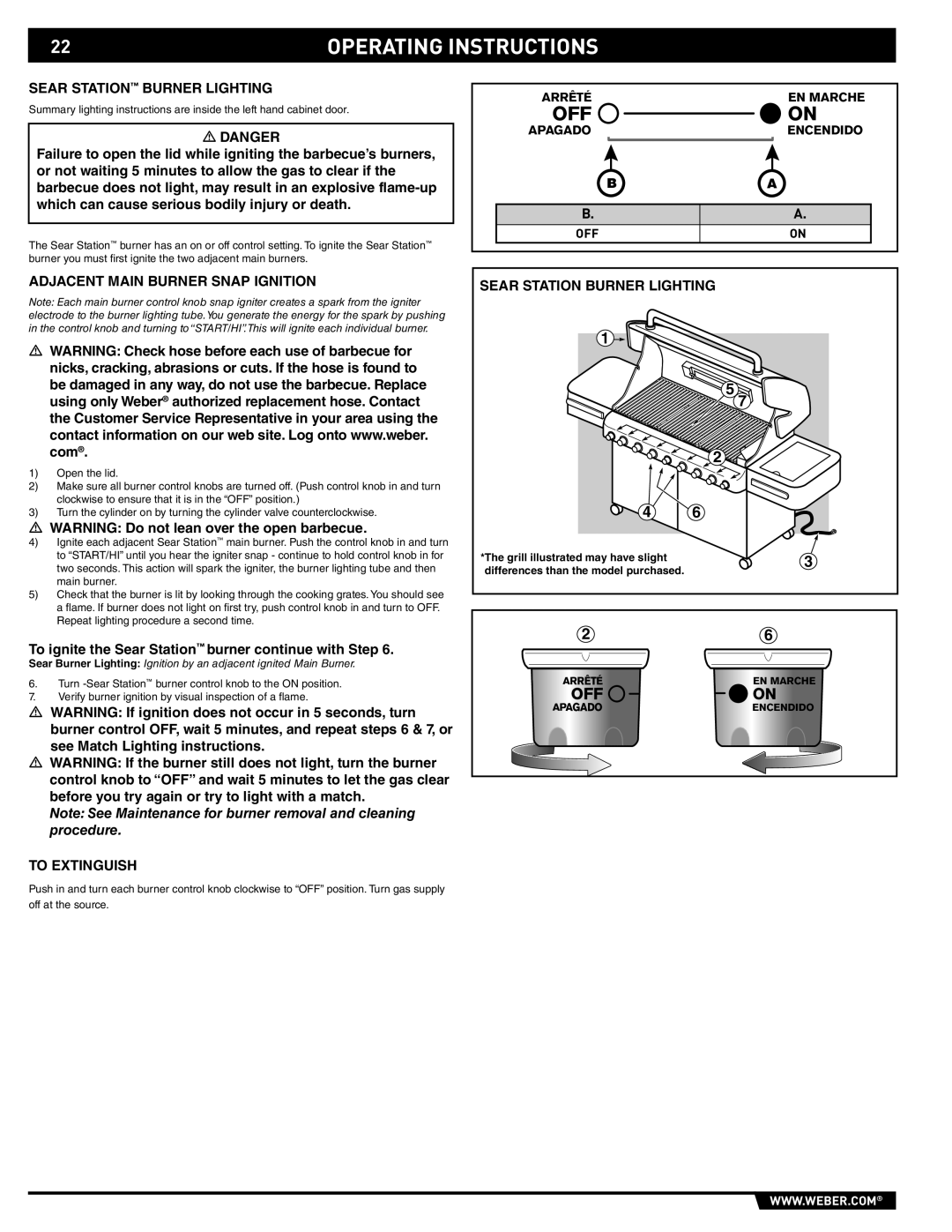 Weber 89374, E/S 670 Sear Station Burner Lighting, Adjacent Main Burner Snap Ignition, To Extinguish, Arrêté EN Marche 