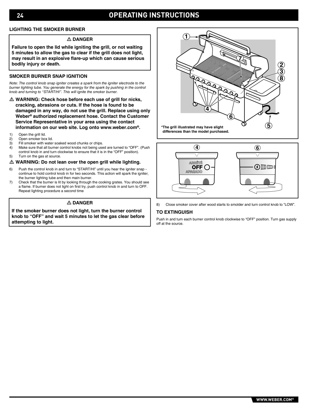 Weber 89374, E/S 670 manual Lighting the Smoker Burner, Smoker Burner Snap Ignition, Grill illustrated may have slight 