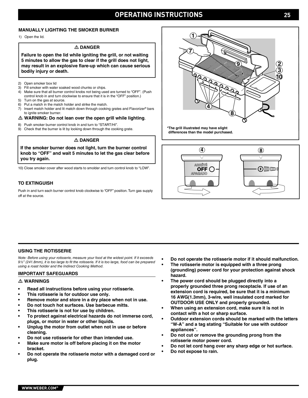 Weber E/S 670, 89374 manual Manually Lighting the Smoker Burner, Using the Rotisserie Important Safeguards 