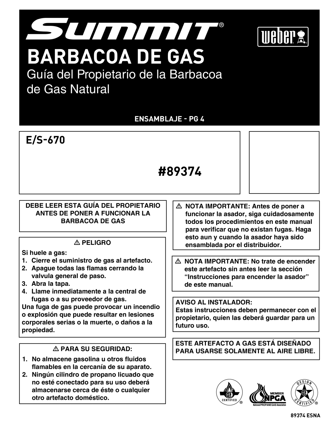 Weber E/S 670, 89374 manual Barbacoa DE GAS, Ensamblaje PG 