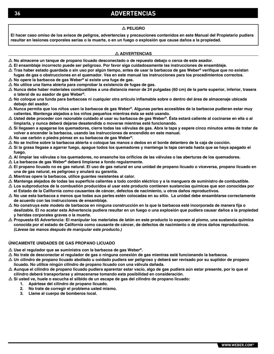 Weber 89374, E/S 670 manual 36ADVERTENCIAS, Peligro, Advertencias, Únicamente Unidades DE GAS Propano Licuado 