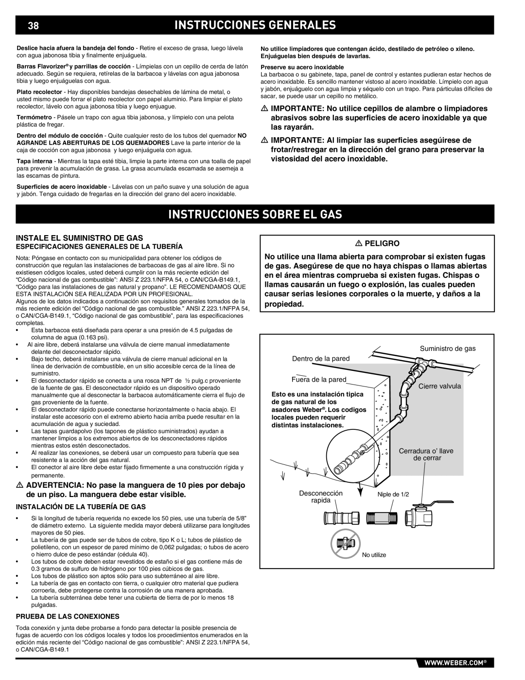 Weber 89374, E/S 670 Instrucciones Sobre EL GAS, Instale EL Suministro DE GAS, Especificaciones Generales DE LA Tubería 