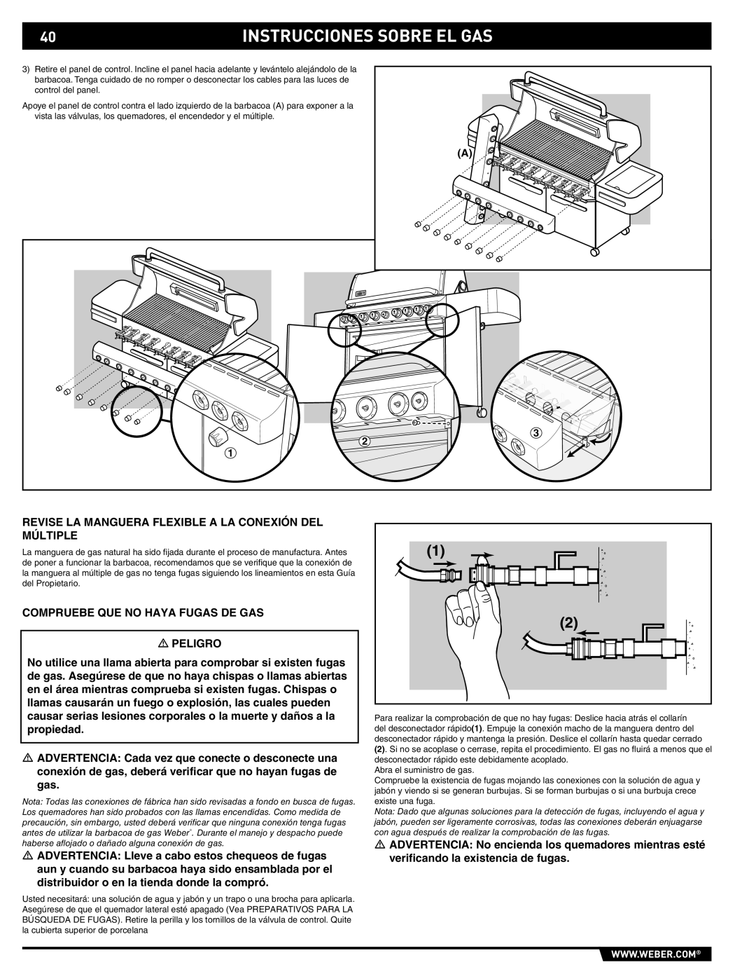 Weber 89374, E/S 670 Revise LA Manguera Flexible a LA Conexión DEL Múltiple, Compruebe QUE no Haya Fugas DE GAS Peligro 