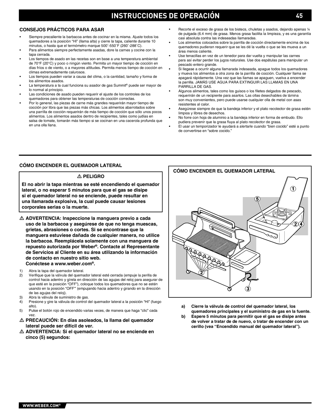 Weber E/S 670, 89374 manual Consejos Prácticos Para Asar, Cómo Encender EL Quemador Lateral Peligro 