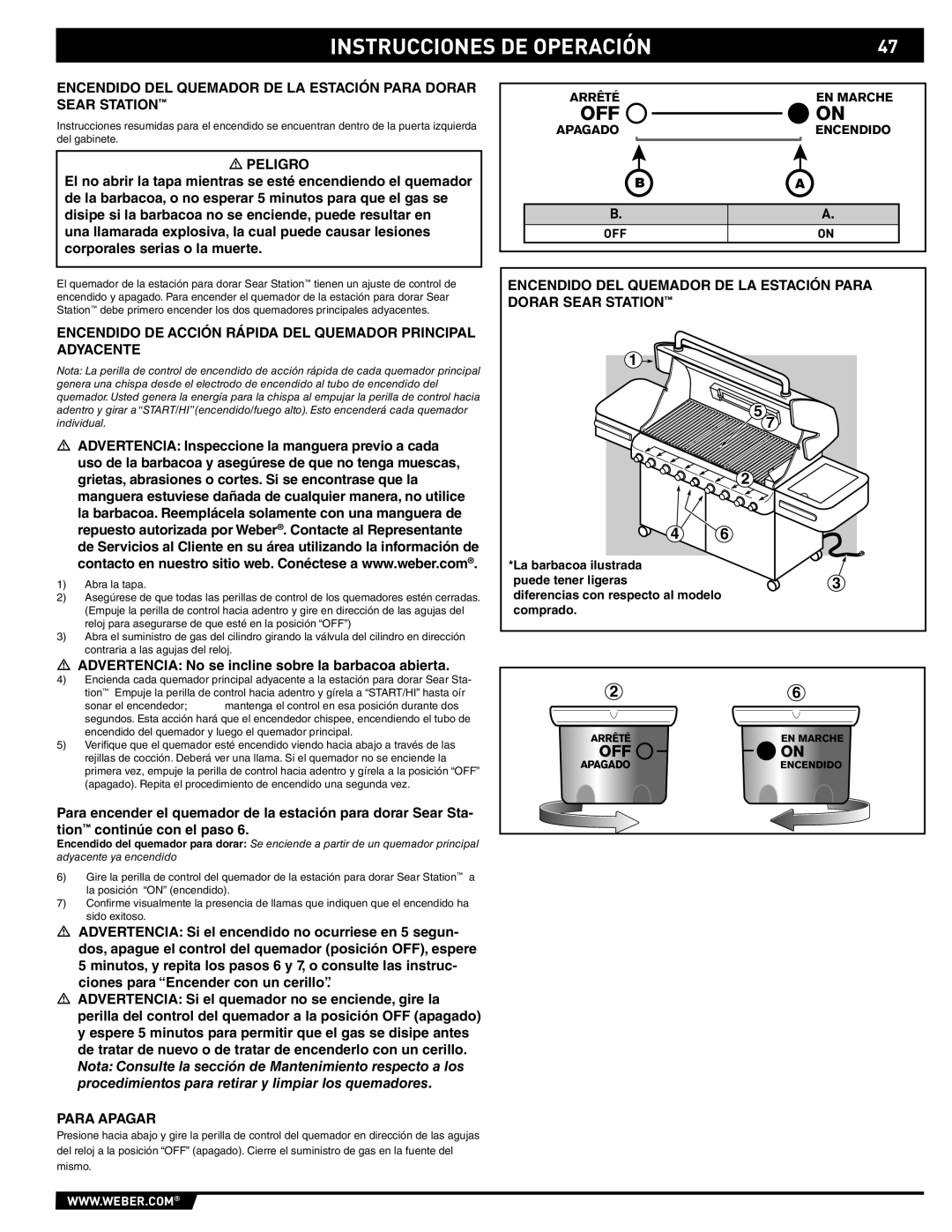 Weber E/S 670, 89374 manual Encendido DE Acción Rápida DEL Quemador Principal Adyacente, Arrêté EN Marche 