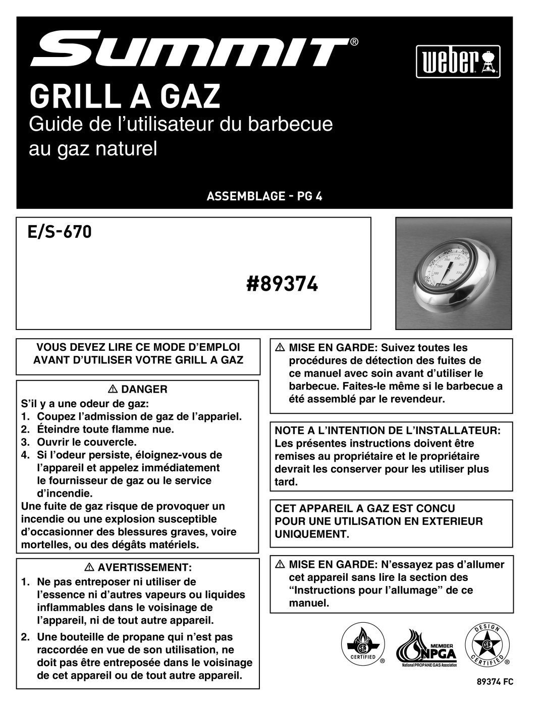 Weber 89374, E/S 670 manual Grill a GAZ, Assemblage PG 