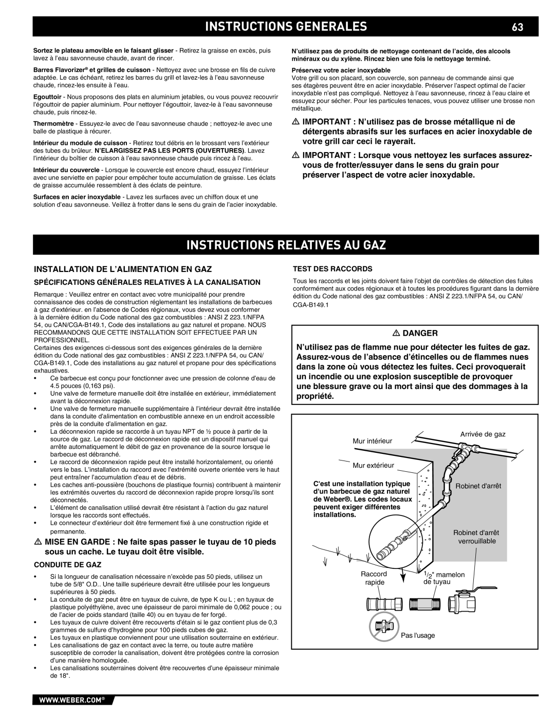 Weber E/S 670 Instructions Relatives AU GAZ, Installation DE L’ALIMENTATION EN GAZ, Test DES Raccords, Conduite DE GAZ 