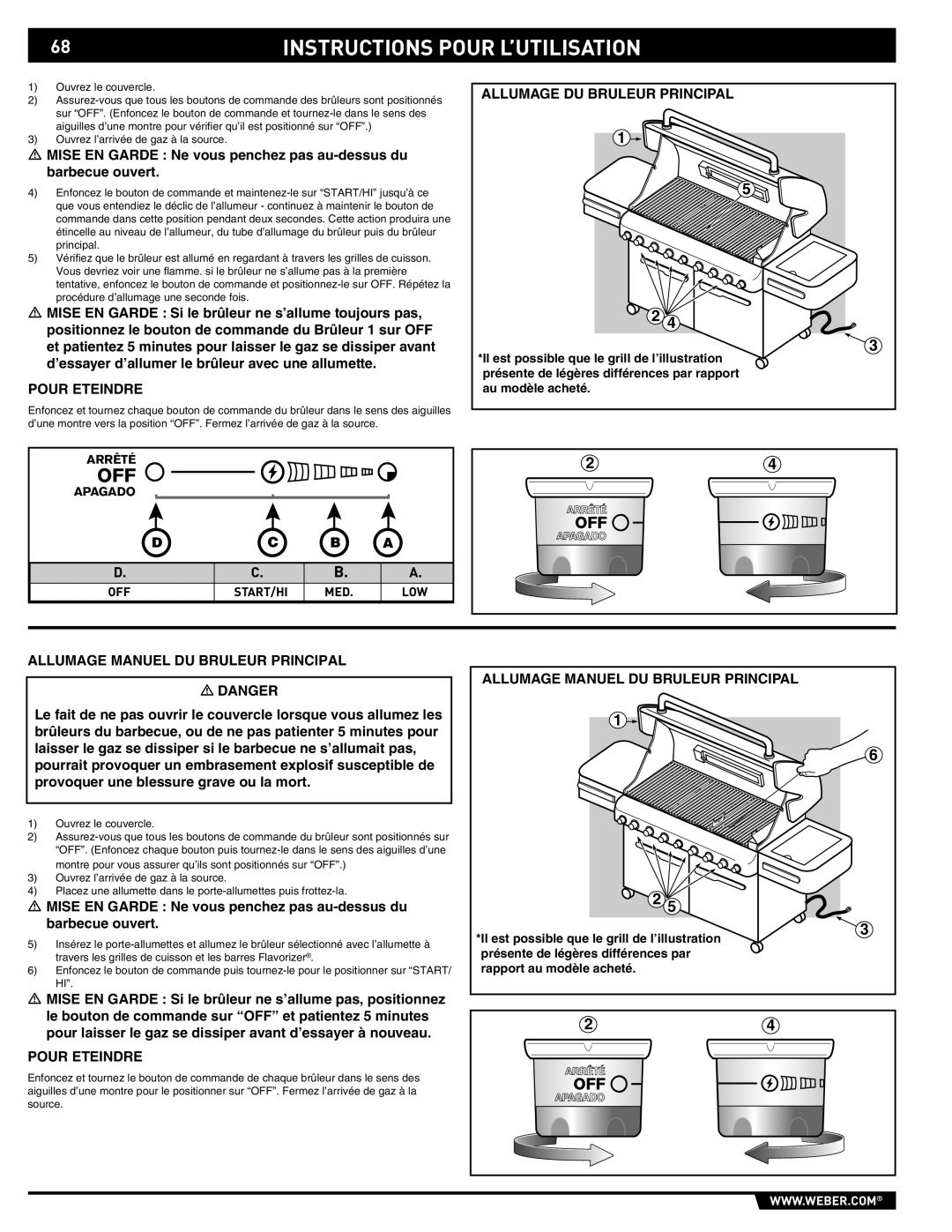 Weber 89374, E/S 670 manual Pour Eteindre, Allumage Manuel DU Bruleur Principal 