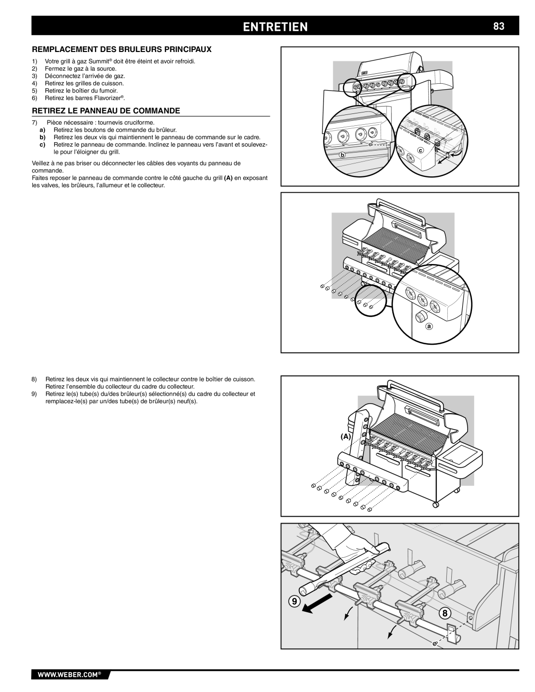 Weber E/S 670, 89374 manual Entretien, Remplacement DES Bruleurs Principaux, Retirez LE Panneau DE Commande 