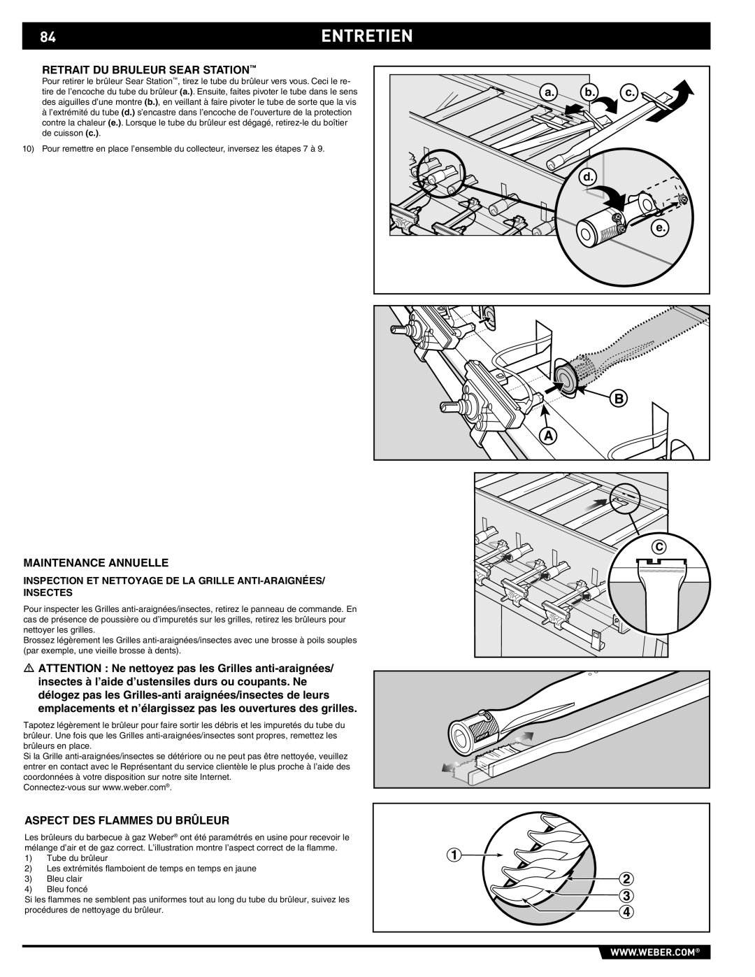 Weber 89374, E/S 670 84ENTRETIEN, Retrait DU Bruleur Sear Station, Maintenance Annuelle, Aspect DES Flammes DU Brûleur 