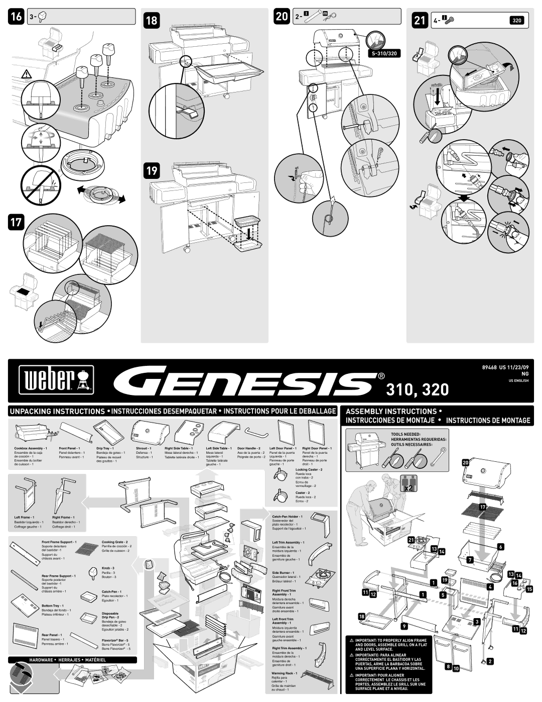 Weber 89468 manual 310, Hardware Herrajes Matériel, Tools Needed, Outils Necessaires, US English 