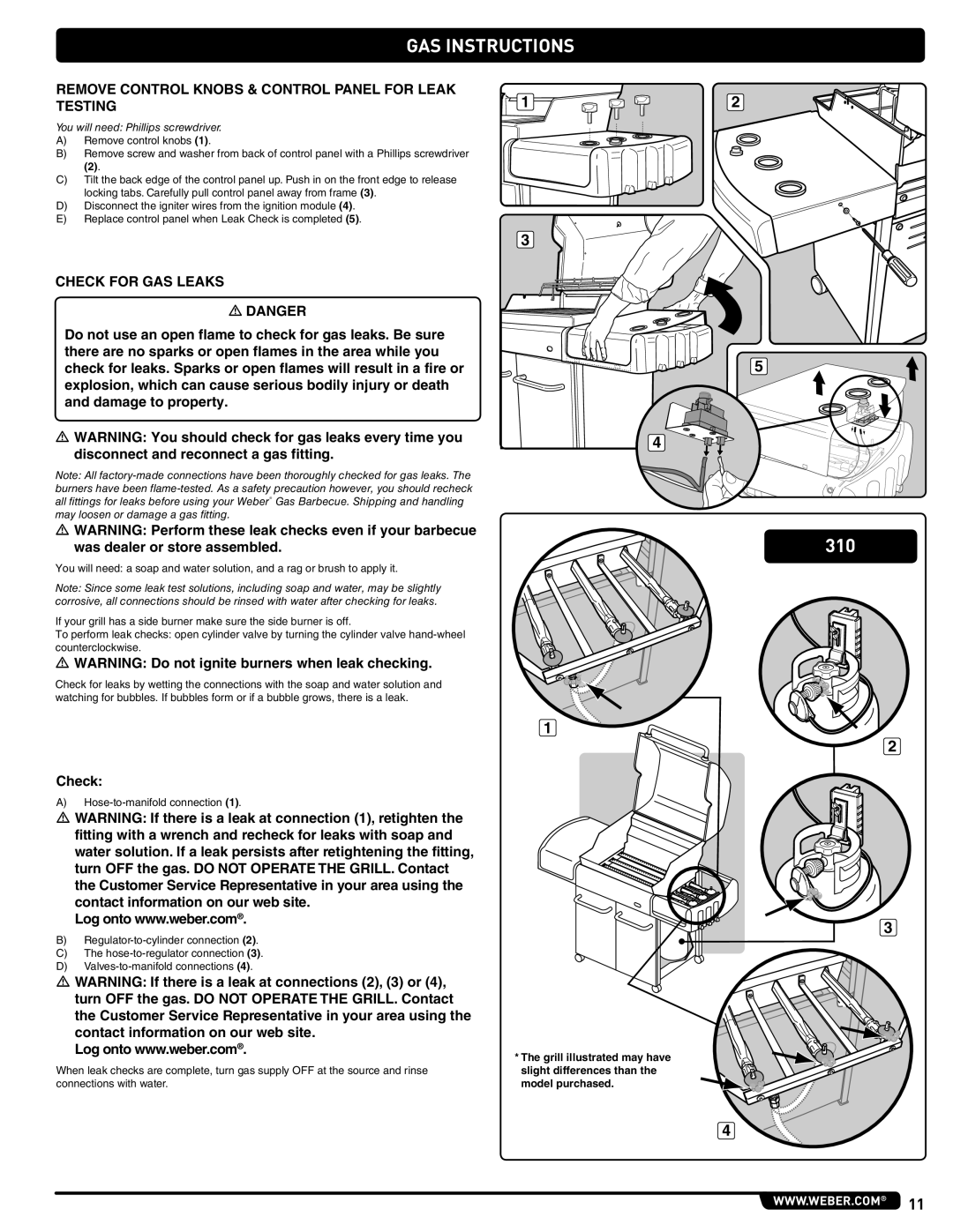 Weber 89478 manual Remove Control Knobs & Control Panel for Leak Testing, Check for GAS Leaks 