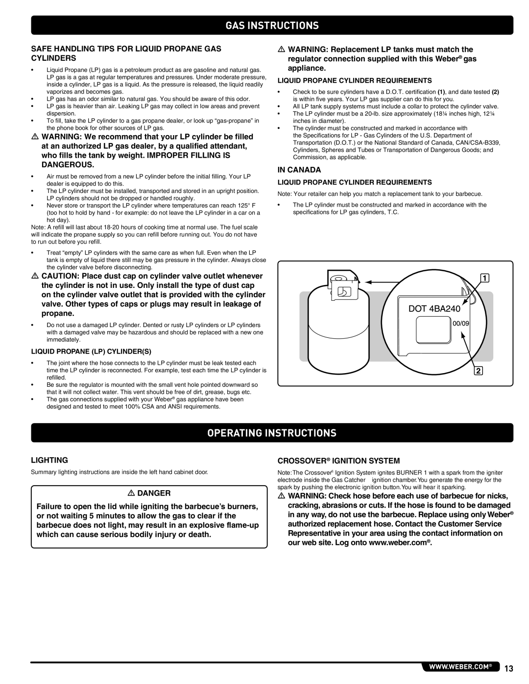 Weber 89478 manual Operating Instructions, Safe Handling Tips for Liquid Propane GAS Cylinders, Canada, Lighting 