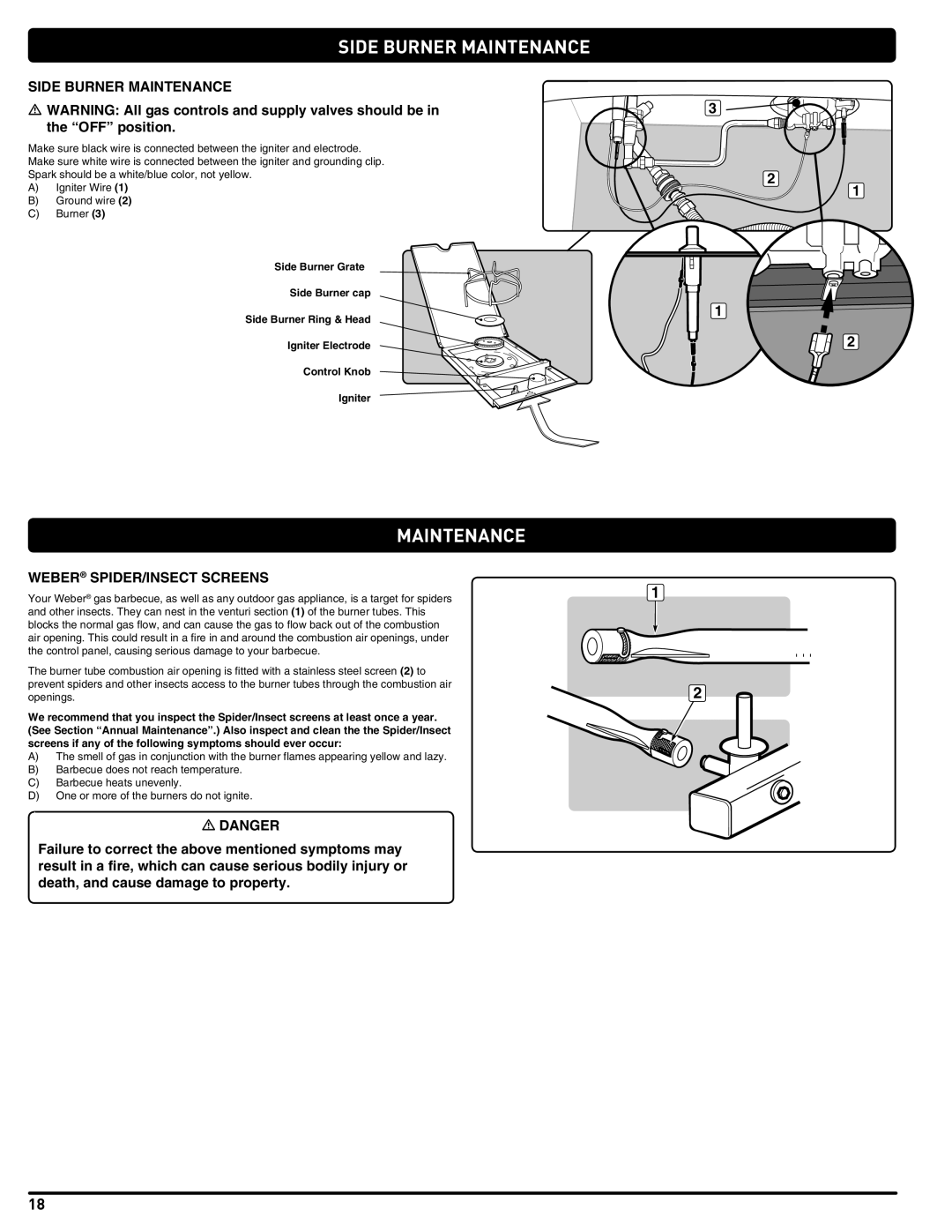 Weber 89478 manual Side Burner Maintenance, Weber SPIDER/INSECT Screens 