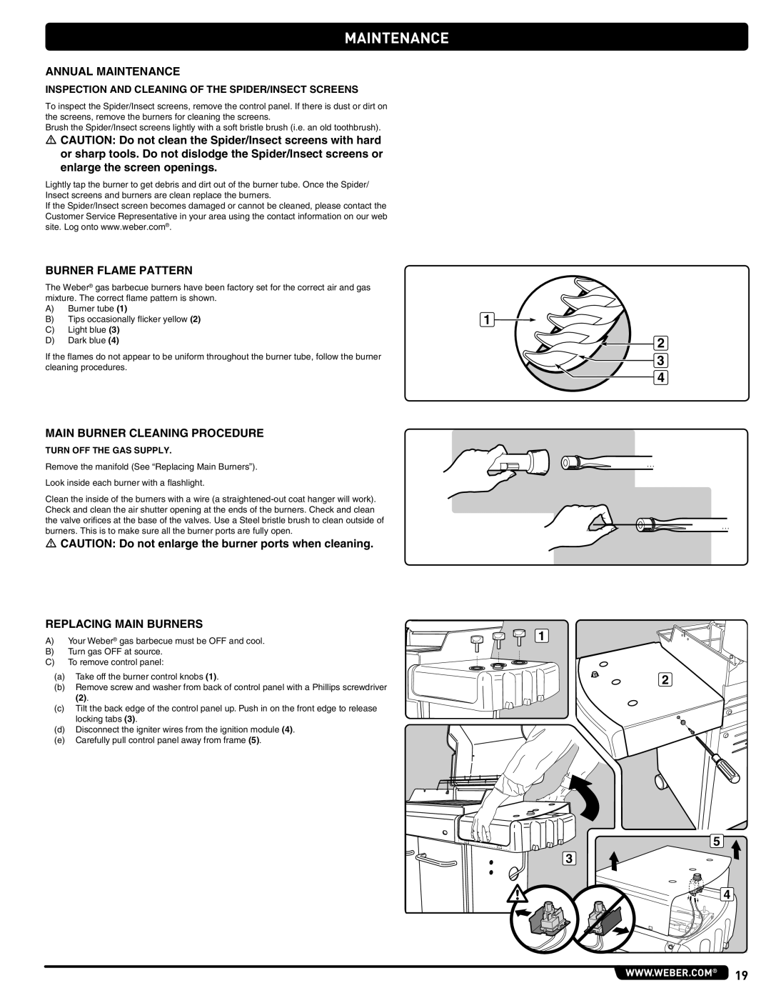 Weber 89478 manual Annual Maintenance, Burner Flame Pattern, Main Burner Cleaning Procedure, Replacing Main Burners 