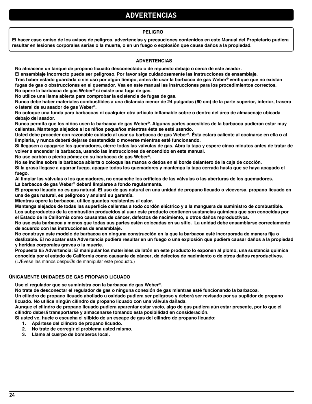 Weber 89478 manual Peligro, Advertencias, Únicamente Unidades DE GAS Propano Licuado 