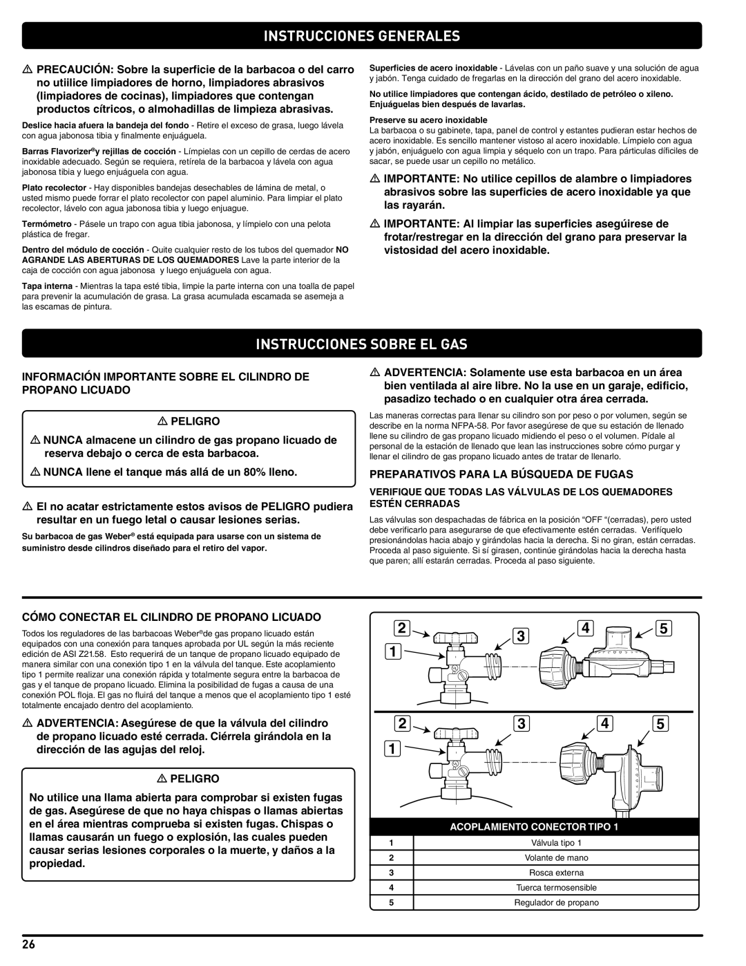 Weber 89478 manual Instrucciones Sobre EL GAS, Preparativos Para LA Búsqueda DE Fugas 