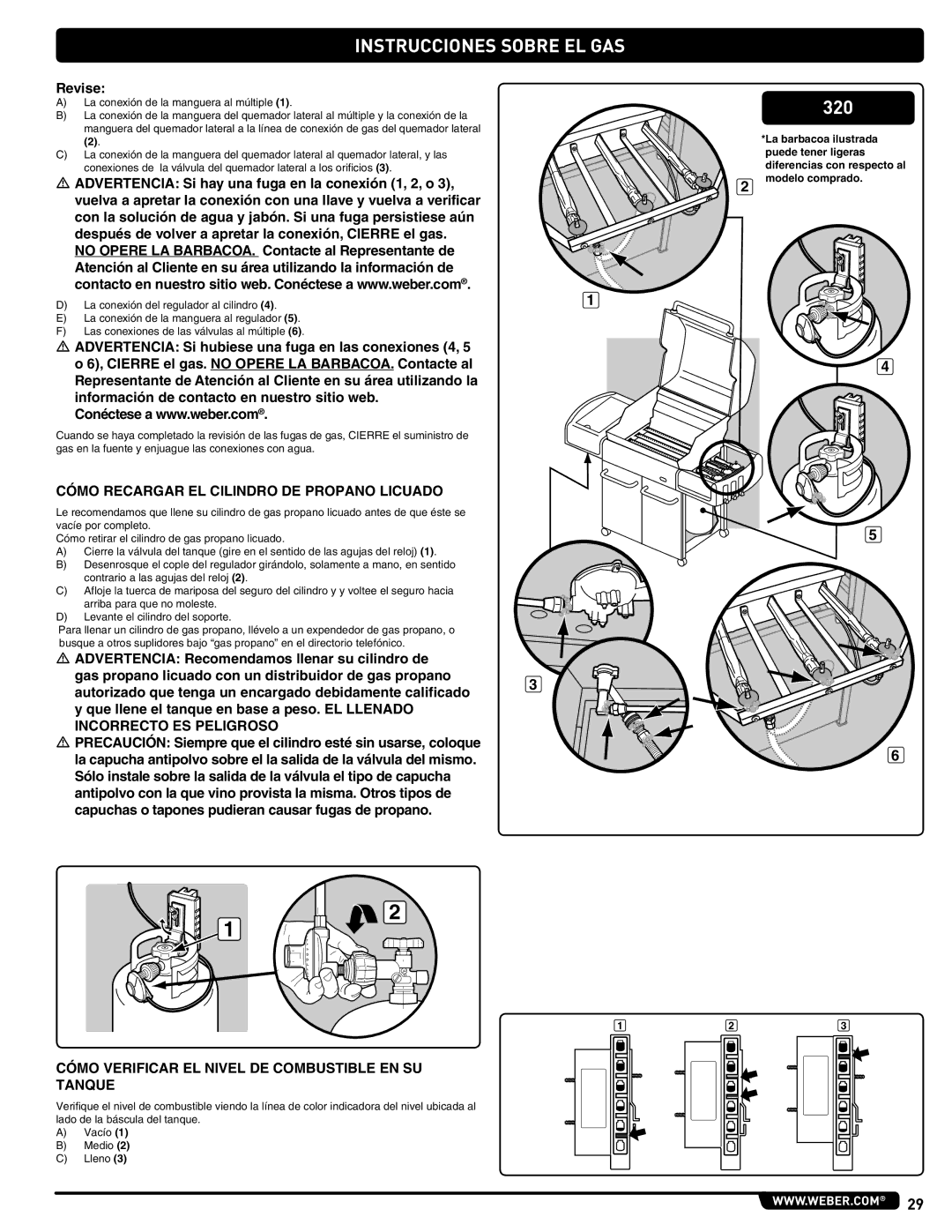 Weber 89478 manual Cómo Recargar EL Cilindro DE Propano Licuado, Cómo Verificar EL Nivel DE Combustible EN SU Tanque 