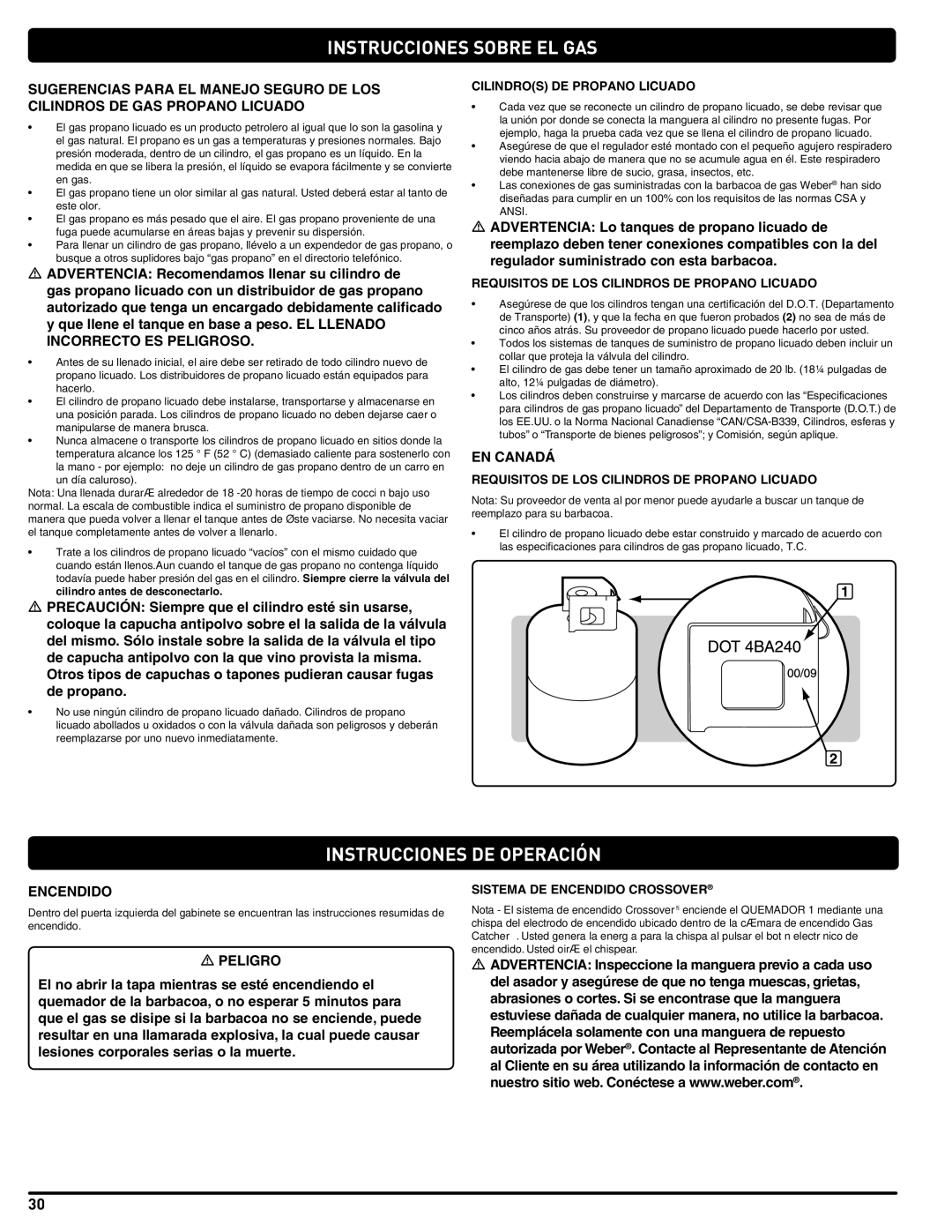 Weber 89478 manual Instrucciones DE Operación, EN Canadá, Encendido 