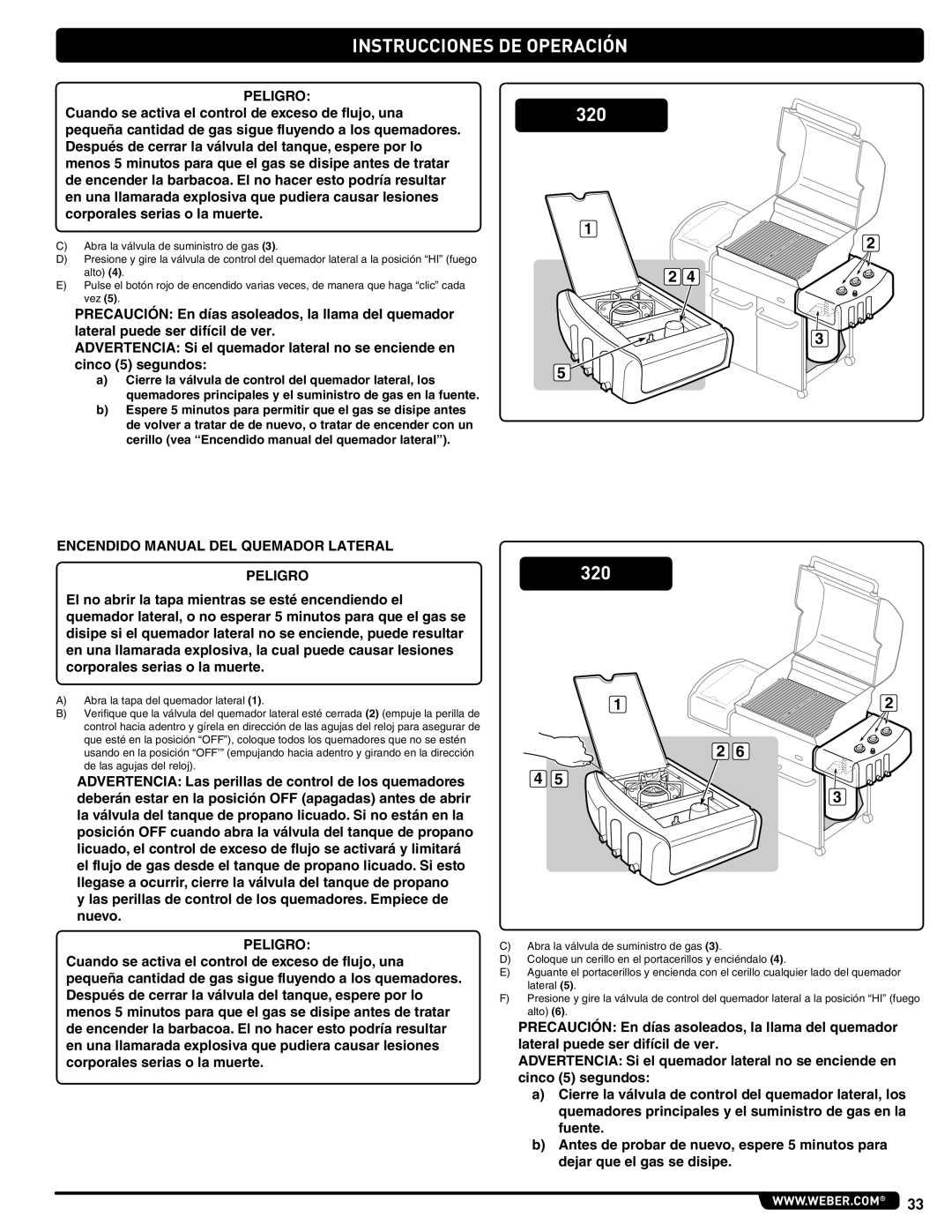 Weber 89478 manual Encendido Manual DEL Quemador Lateral Peligro 