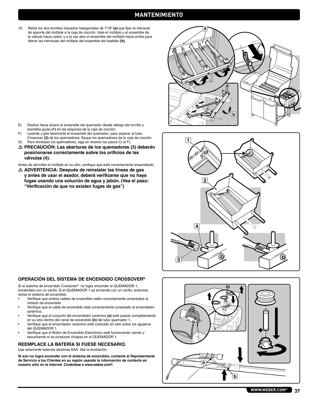 Weber 89478 manual Operación DEL Sistema DE Encendido Crossover, Reemplace LA Batería SI Fuese Necesario 