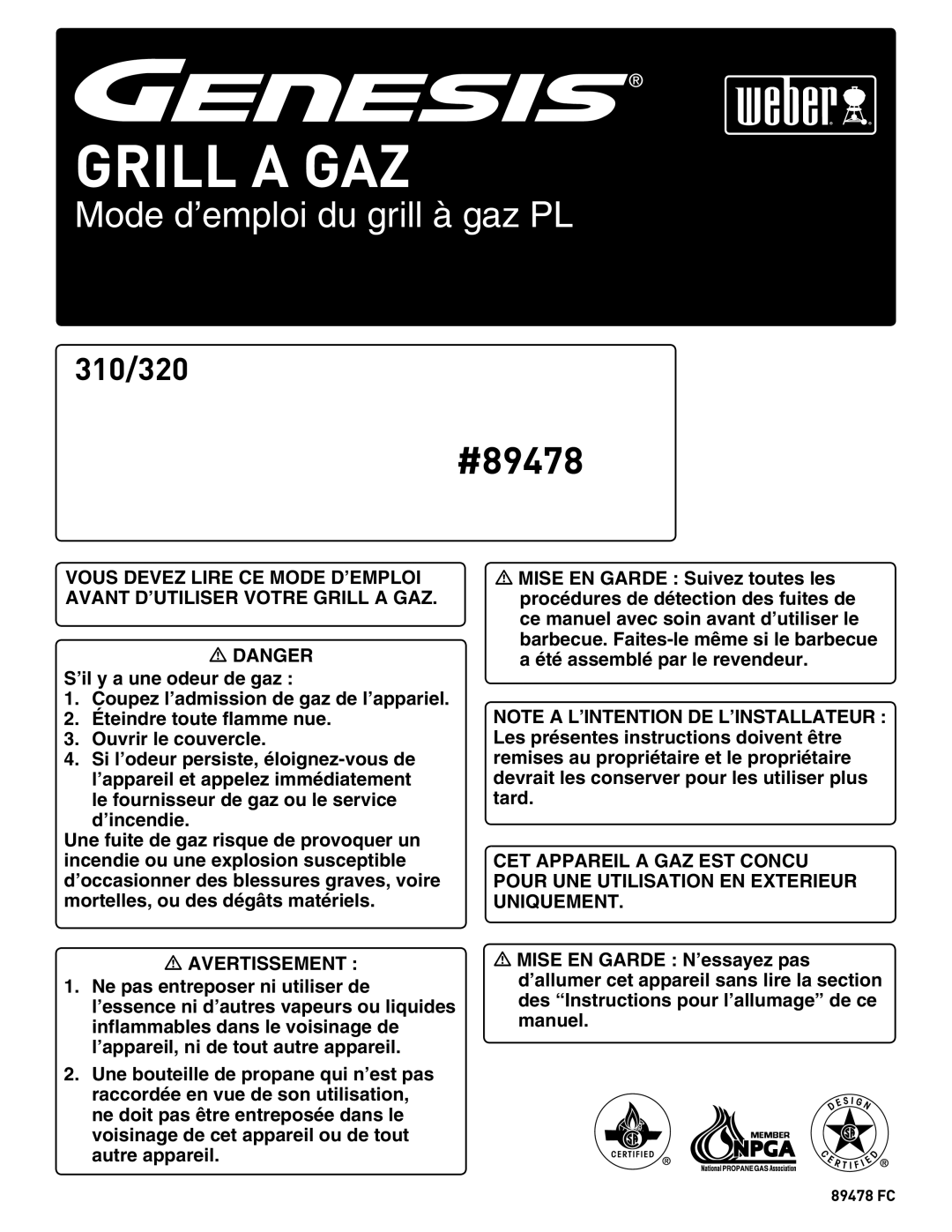 Weber 89478 manual Grill a GAZ 