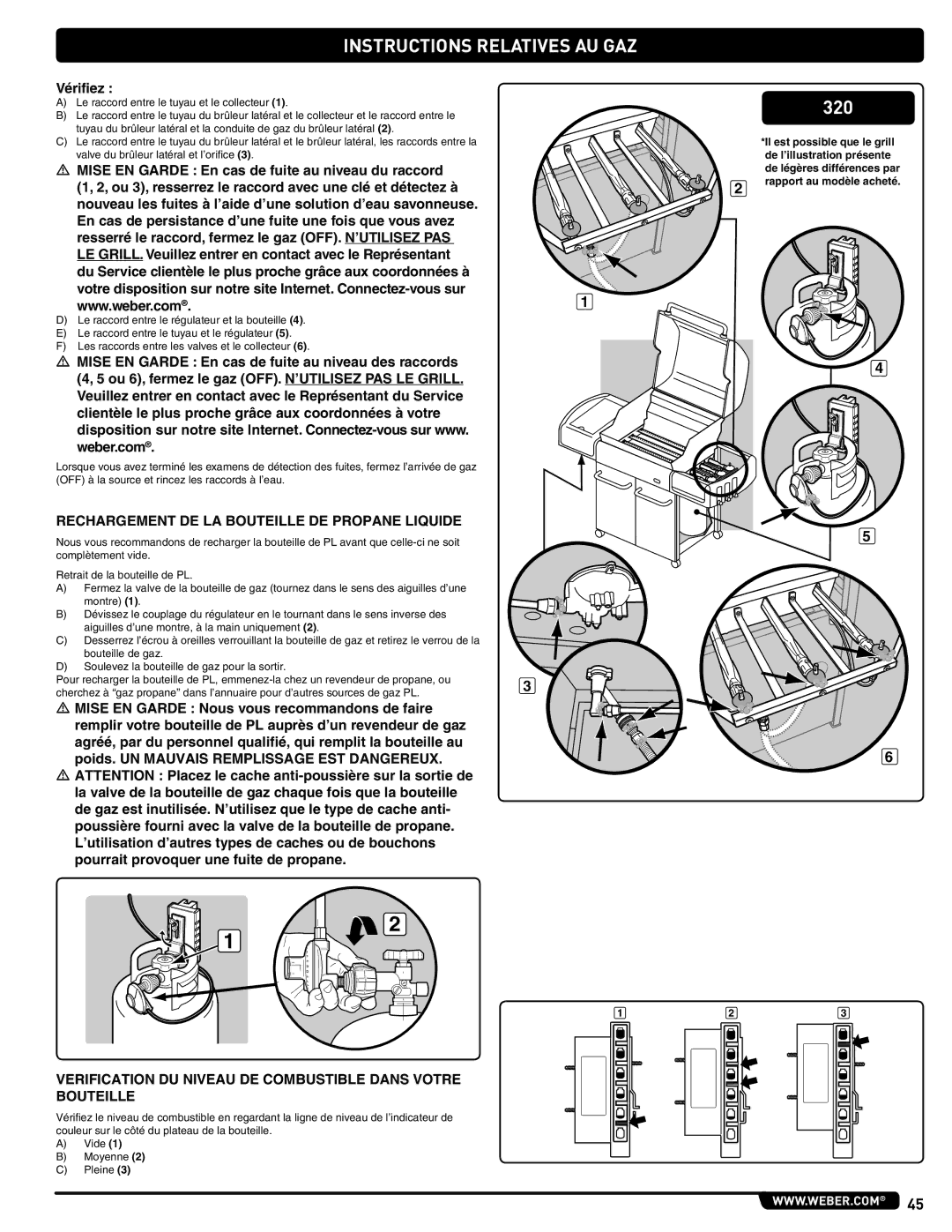 Weber 89478 manual Rechargement DE LA Bouteille DE Propane Liquide, Aiguilles d’une montre, à la main uniquement 