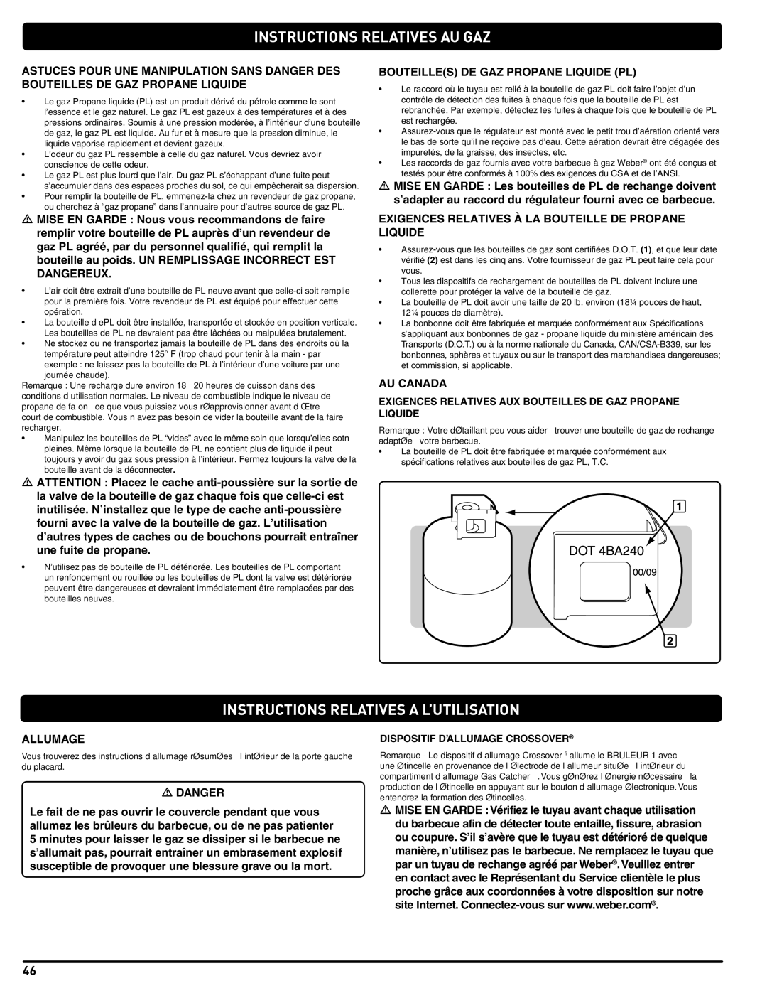 Weber 89478 manual Instructions Relatives a L’UTILISATION, Bouteilles DE GAZ Propane Liquide PL, AU Canada, Allumage 