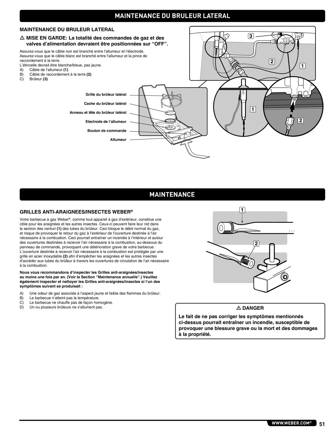 Weber 89478 manual Maintenance DU Bruleur Lateral, Grilles ANTI-ARAIGNEES/INSECTES Weber 