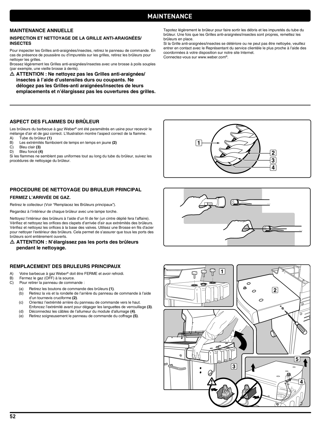 Weber 89478 manual Maintenance Annuelle, Aspect DES Flammes DU Brûleur, Procedure DE Nettoyage DU Bruleur Principal 