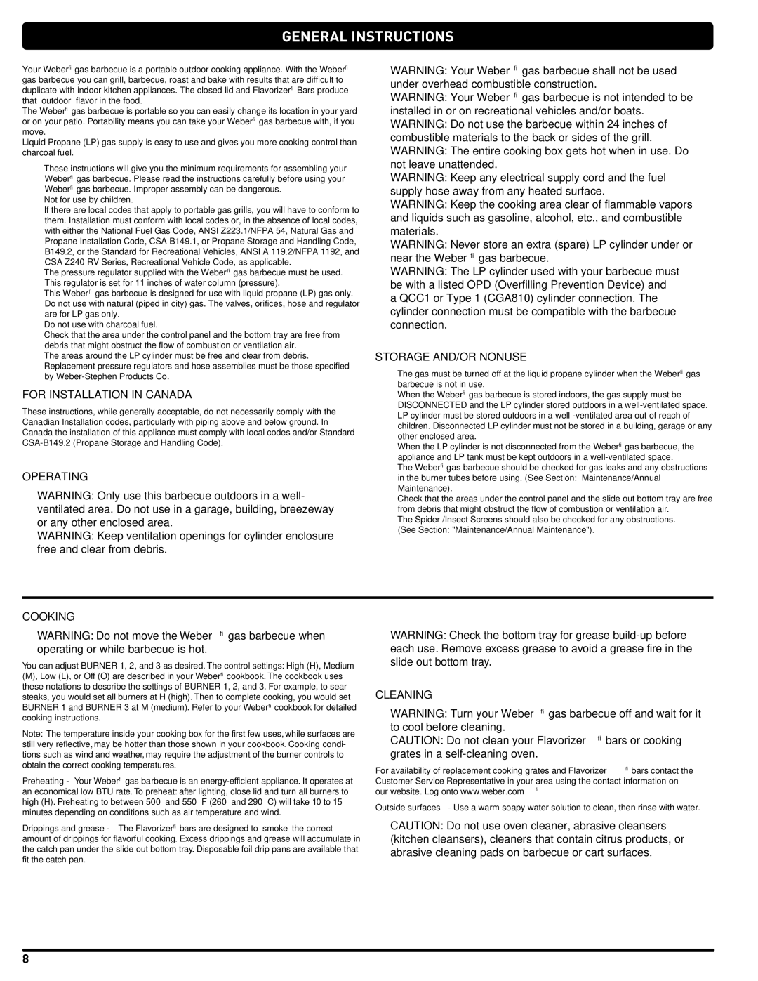 Weber 89478 manual General Instructions, For Installation in Canada, Operating Storage AND/OR Nonuse, Cooking, Cleaning 