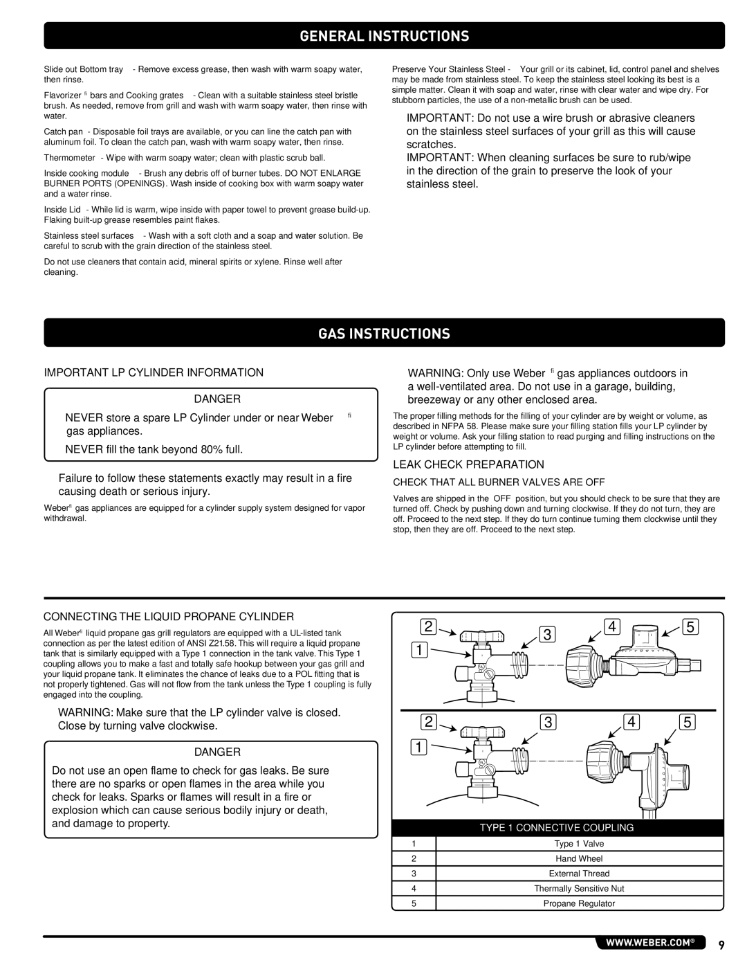 Weber 89478 manual GAS Instructions, Important LP Cylinder Information, Leak Check Preparation 