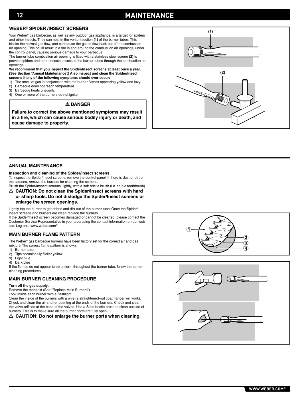 Weber 89527 manual 12MAINTENANCE, Weber Spider /INSECT Screens, Annual Maintenance, Main Burner Flame Pattern 