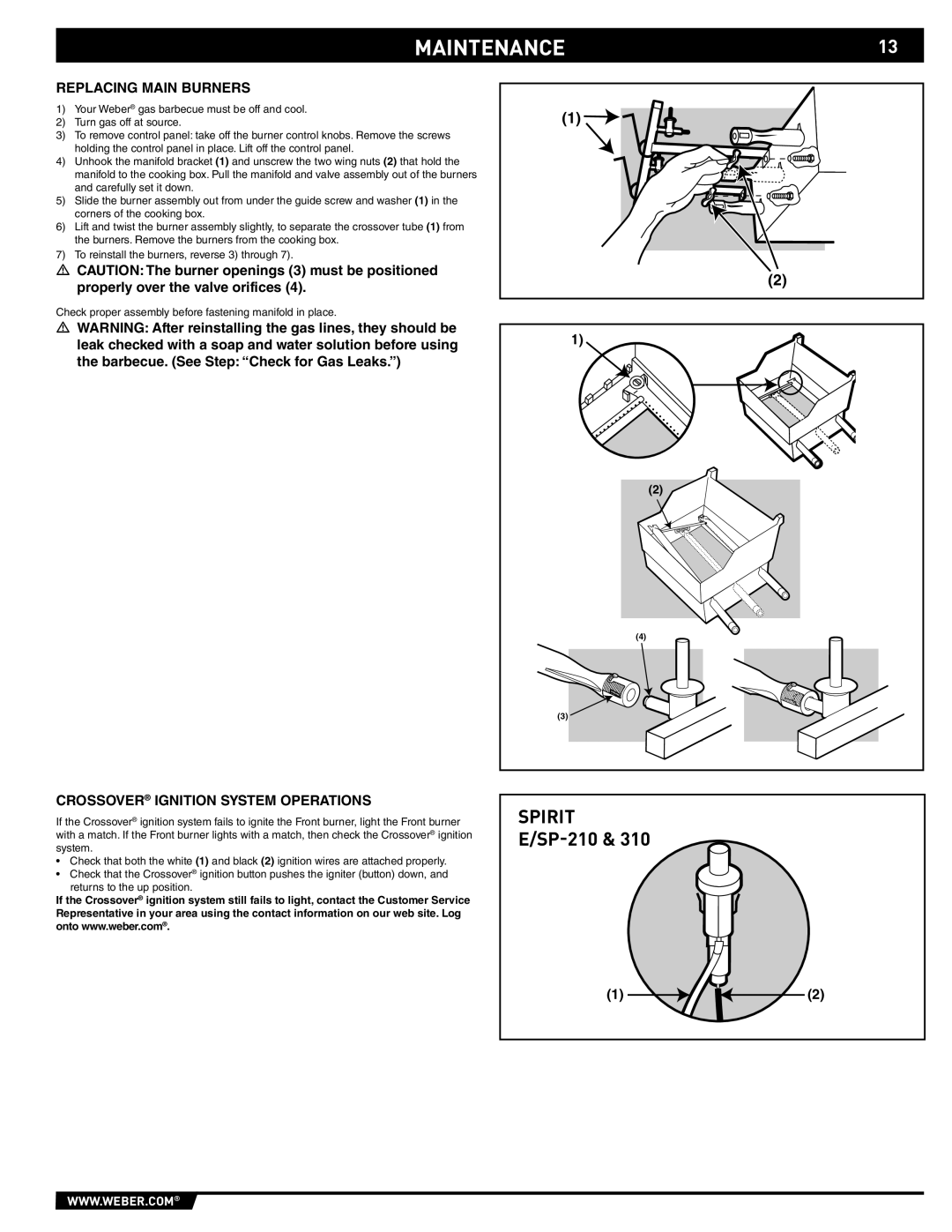 Weber 89527 manual MAINTENANCE13, Replacing Main Burners, Crossover Ignition System Operations 