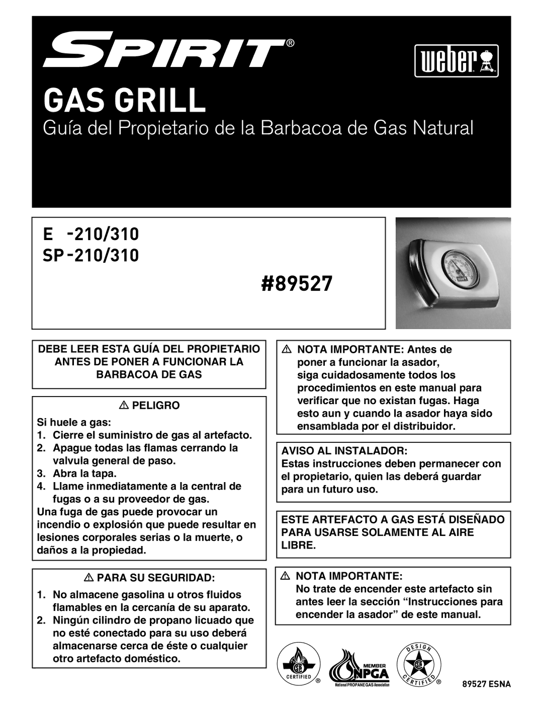 Weber 89527 manual Guía del Propietario de la Barbacoa de Gas Natural 