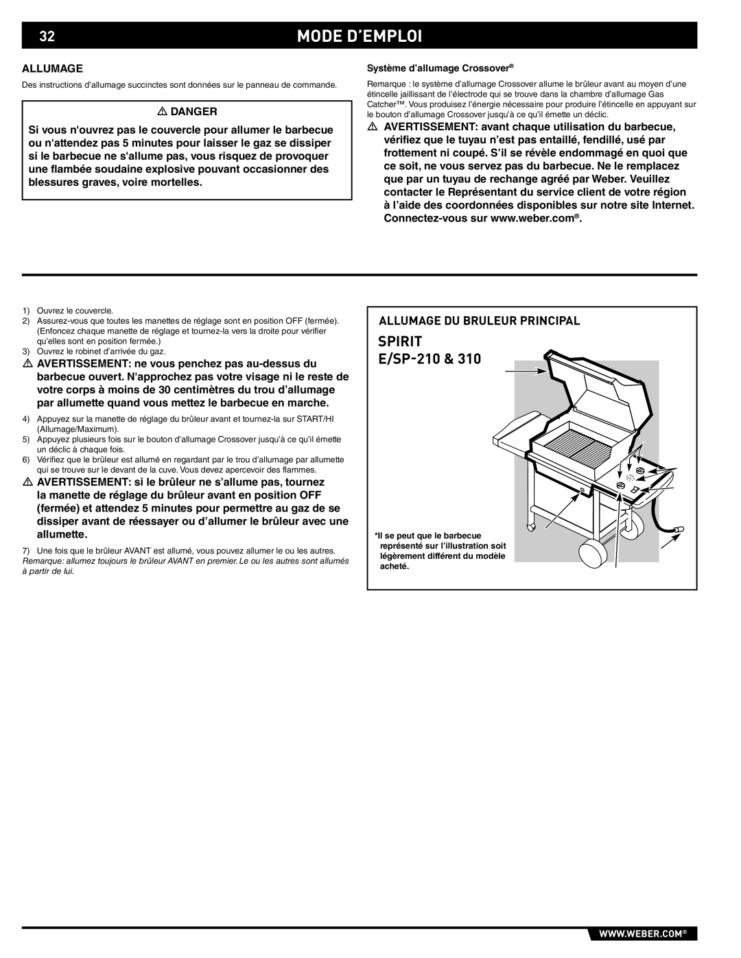 Weber 89527 manual Mode D’EMPLOI, Allumage 